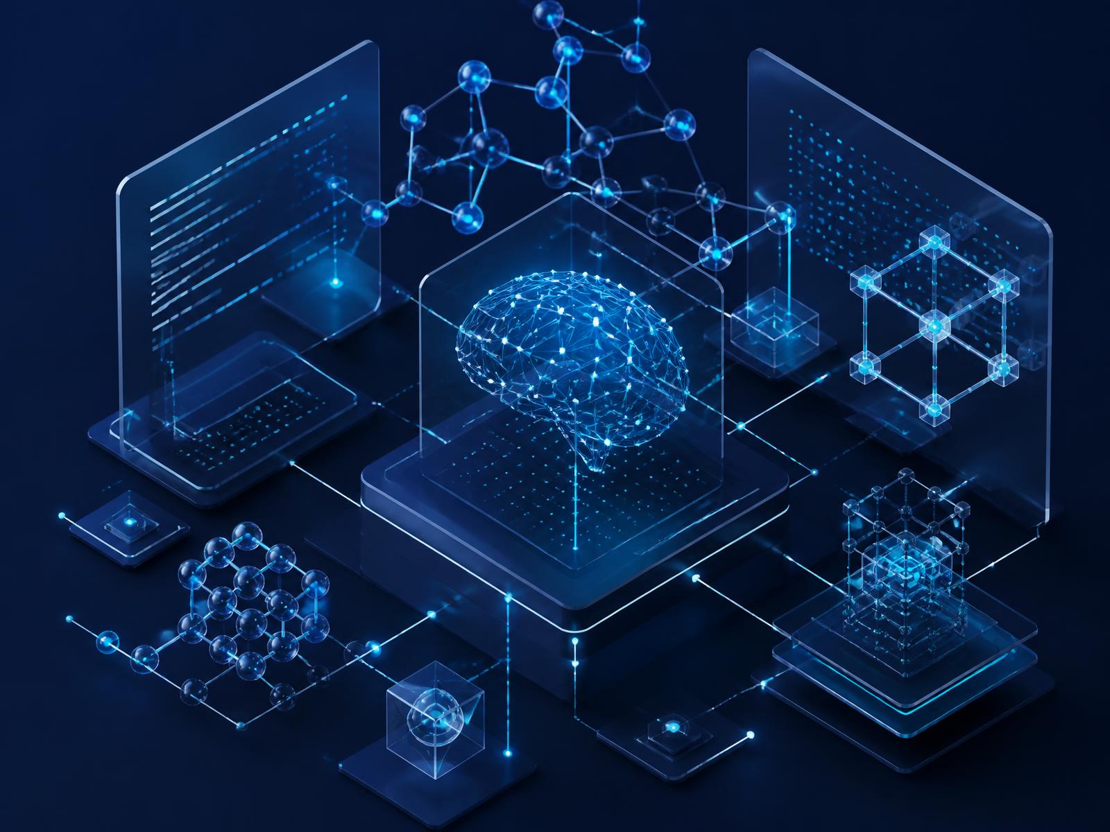 Isometric illustration of AI models, code panels and connected molecule structures